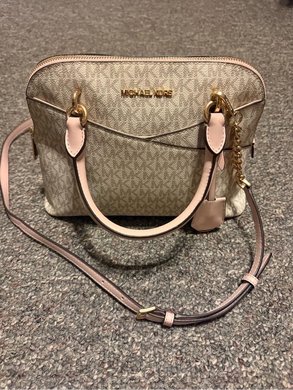 Michael Kors Beige and Pale Pink Logo Crossbody Satchel